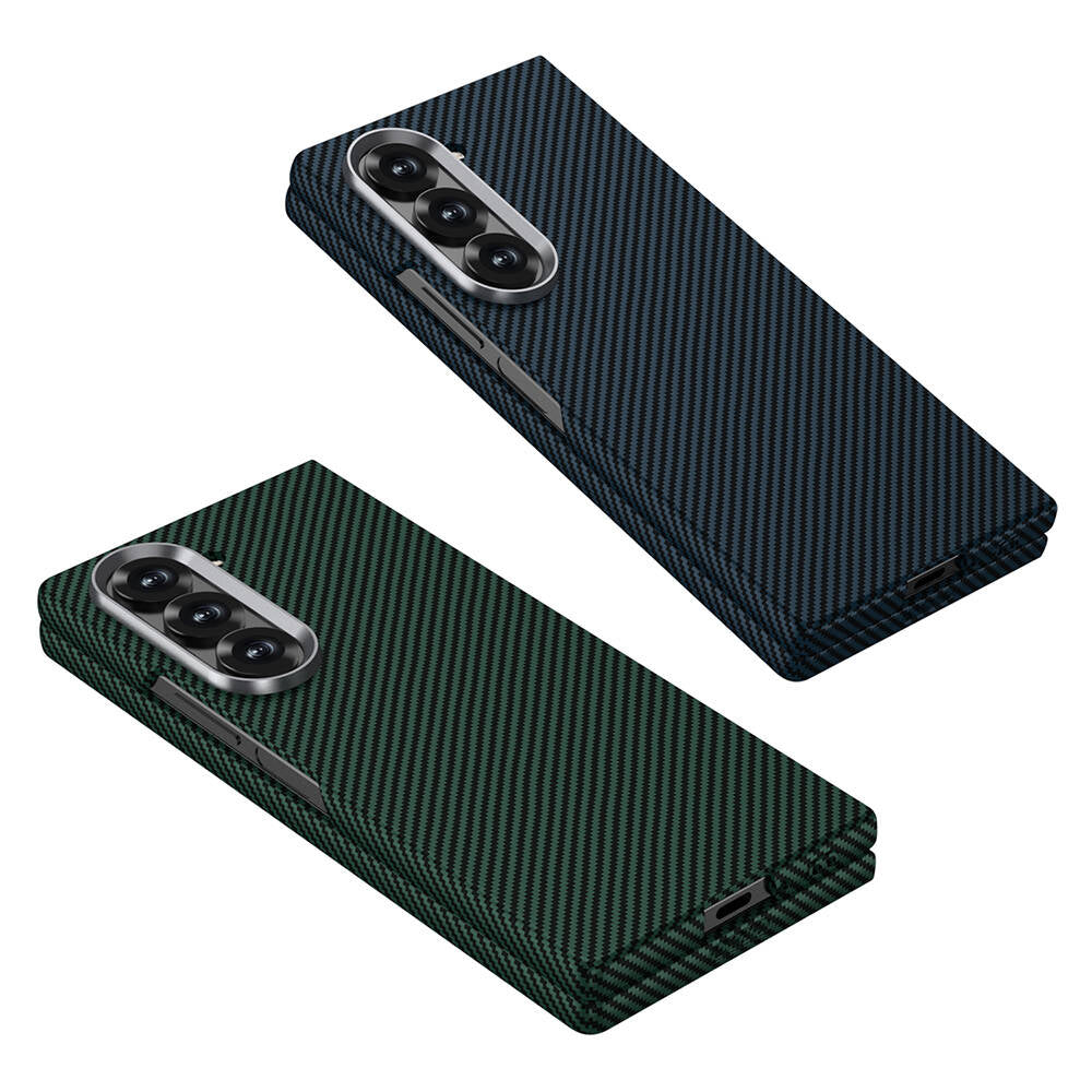 Galaxy Z Fold 6 Kılıf Kamera Korumalı Karbon Fiber Tasarımlı Arka Yüzey Zore Kıpta Karbon Kapak Lacivert