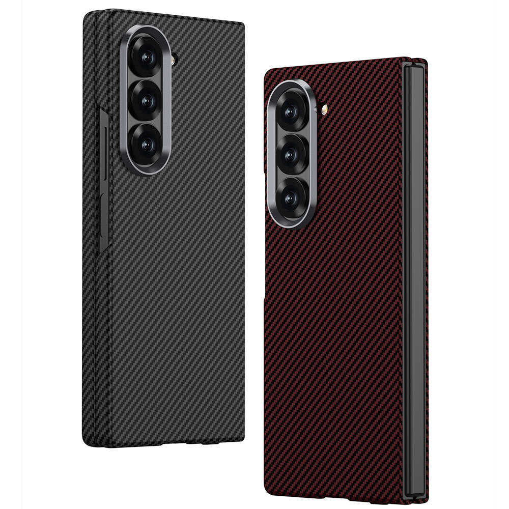 Galaxy Z Fold 6 Kılıf Kamera Korumalı Karbon Fiber Tasarımlı Arka Yüzey Zore Kıpta Karbon Kapak Lacivert
