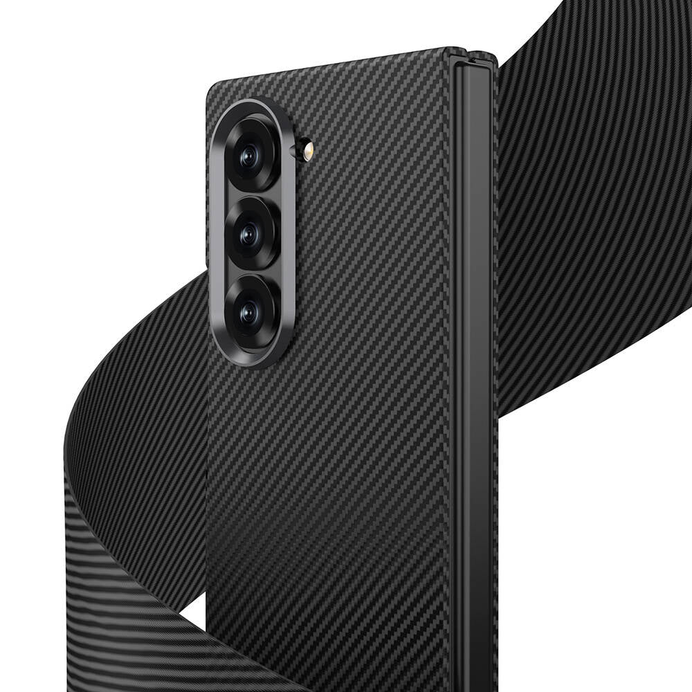Galaxy Z Fold 6 Kılıf Kamera Korumalı Karbon Fiber Tasarımlı Arka Yüzey Zore Kıpta Karbon Kapak Lacivert