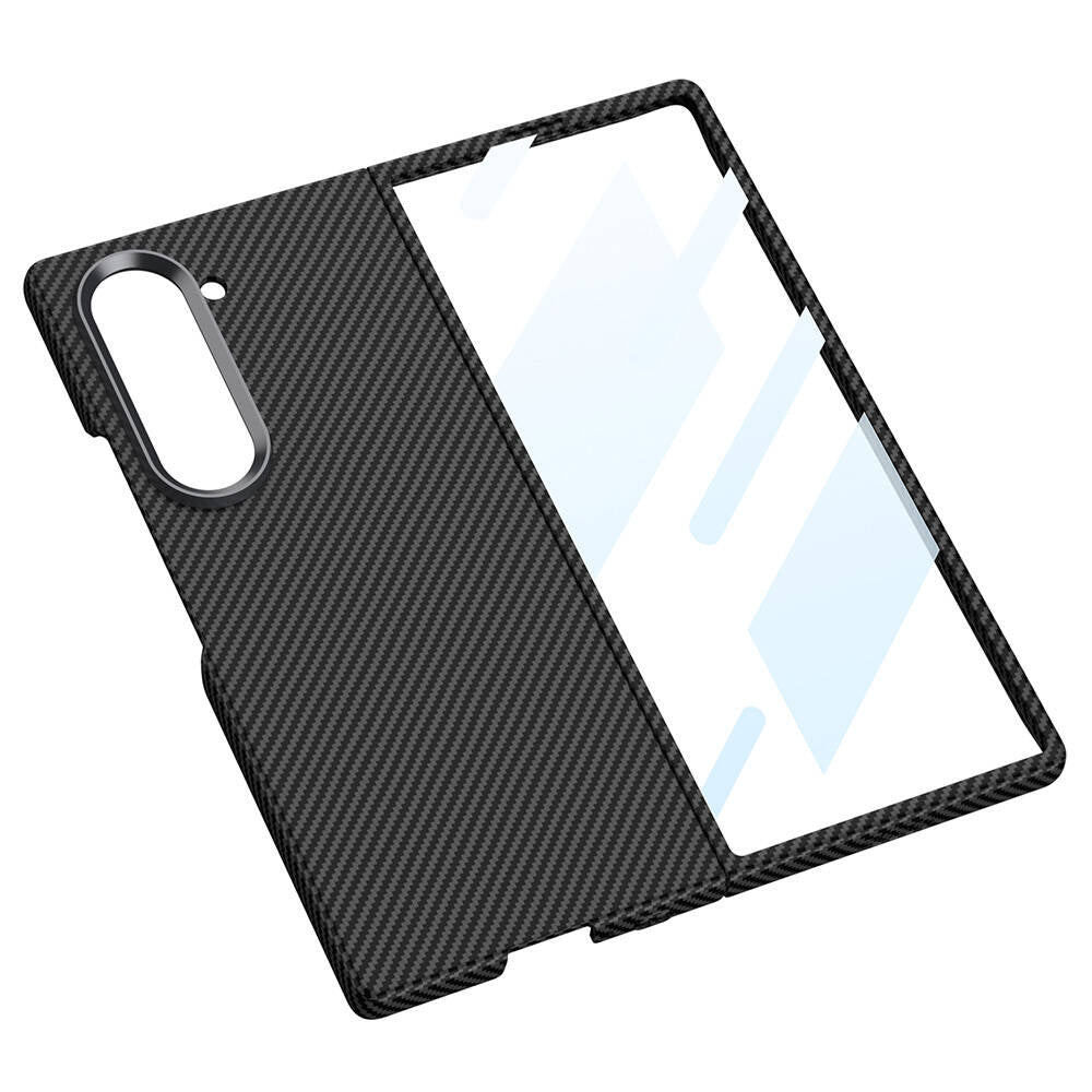 Galaxy Z Fold 6 Kılıf Kamera Korumalı Karbon Fiber Tasarımlı Arka Yüzey Zore Kıpta Karbon Kapak Lacivert