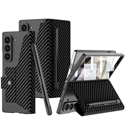 Galaxy Z Fold 6 Kılıf Kamera Korumalı Karbon Tasarımlı Zore Kıpta Kalem Bölmeli Fest Kapak Siyah Karbon