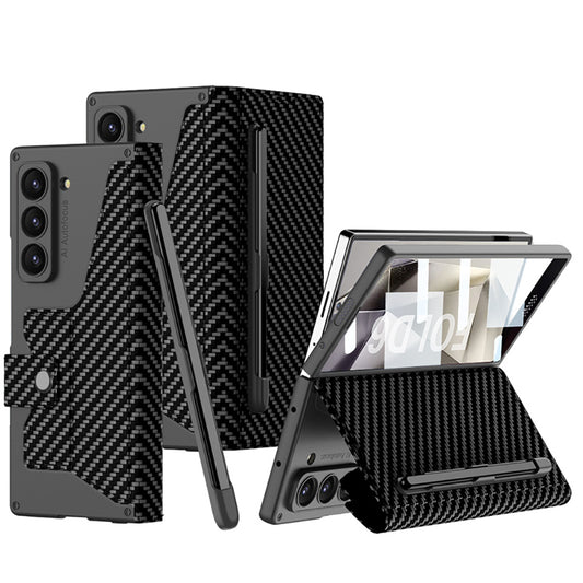 Galaxy Z Fold 6 Kılıf Kamera Korumalı Karbon Tasarımlı Zore Kıpta Kalem Bölmeli Fest Kapak Siyah Karbon