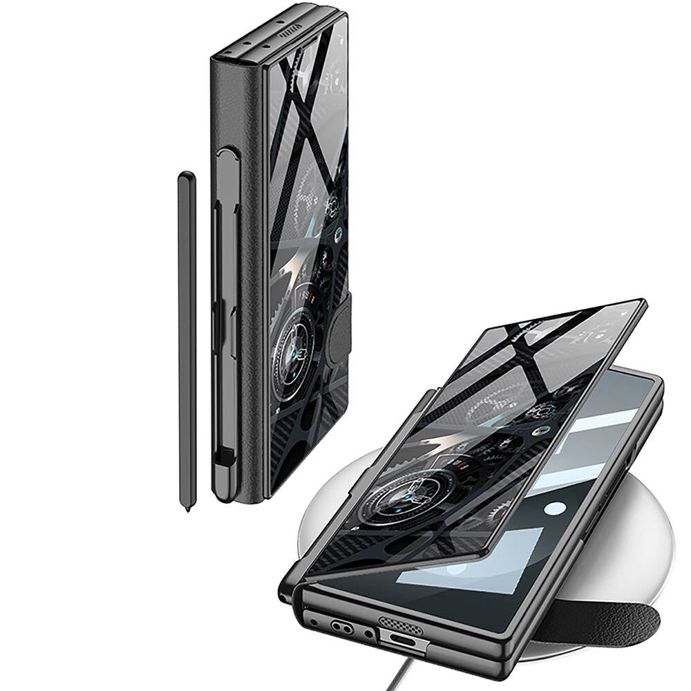Galaxy Z Fold 6 Kılıf Kamera Korumalı Kartlıklı Kalem Bölmeli Zore Kıpta Marble Drago Kılıf Siyah