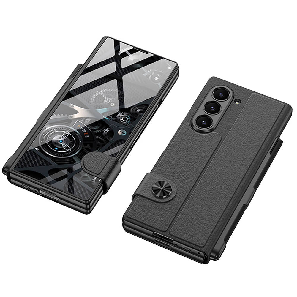 Galaxy Z Fold 6 Kılıf Kamera Korumalı Kartlıklı Kalem Bölmeli Zore Kıpta Marble Drago Kılıf Siyah