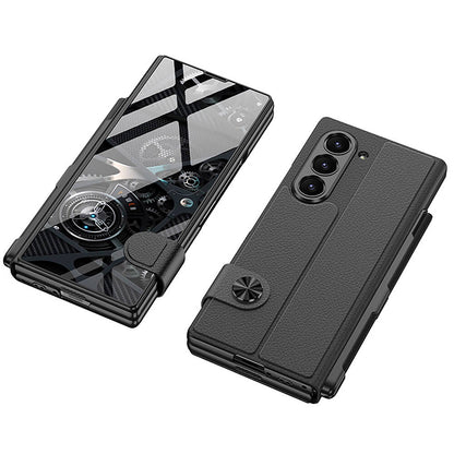 Galaxy Z Fold 6 Kılıf Kamera Korumalı Kartlıklı Kalem Bölmeli Zore Kıpta Marble Drago Kılıf Siyah