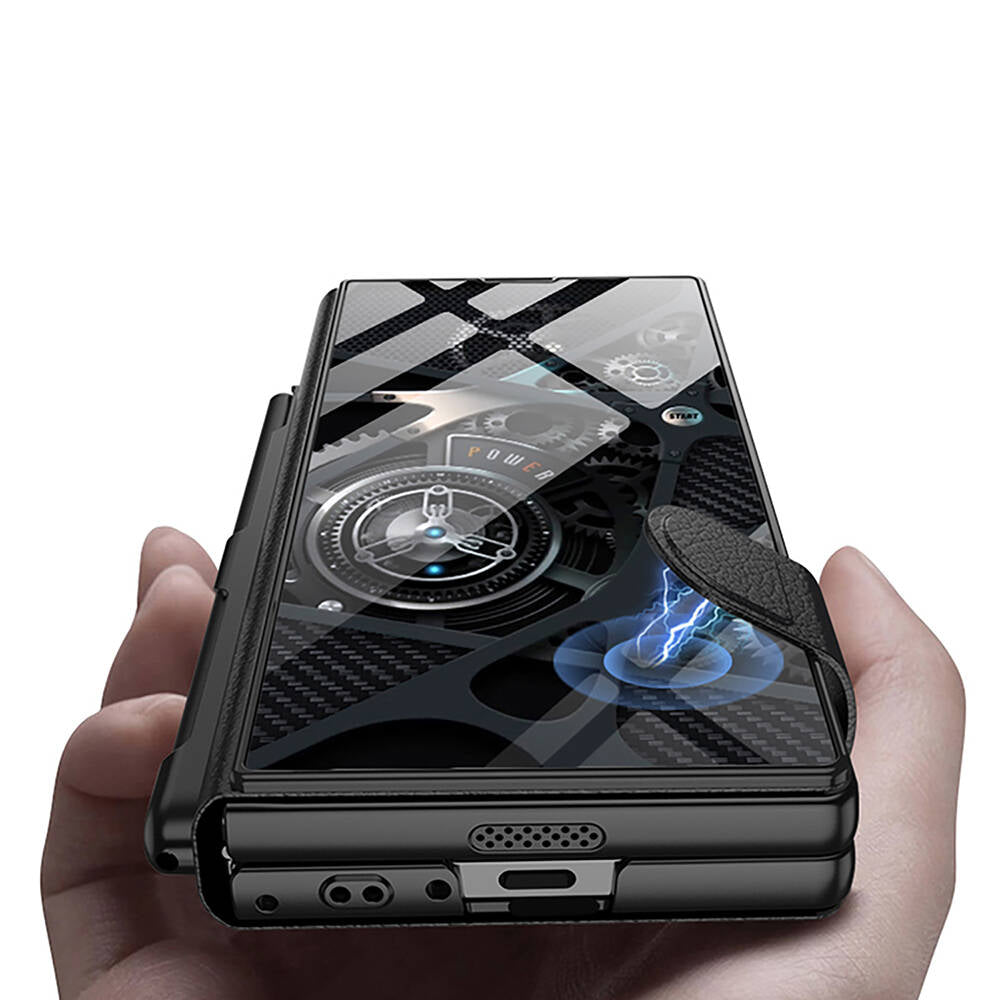 Galaxy Z Fold 6 Kılıf Kamera Korumalı Kartlıklı Kalem Bölmeli Zore Kıpta Marble Drago Kılıf Siyah