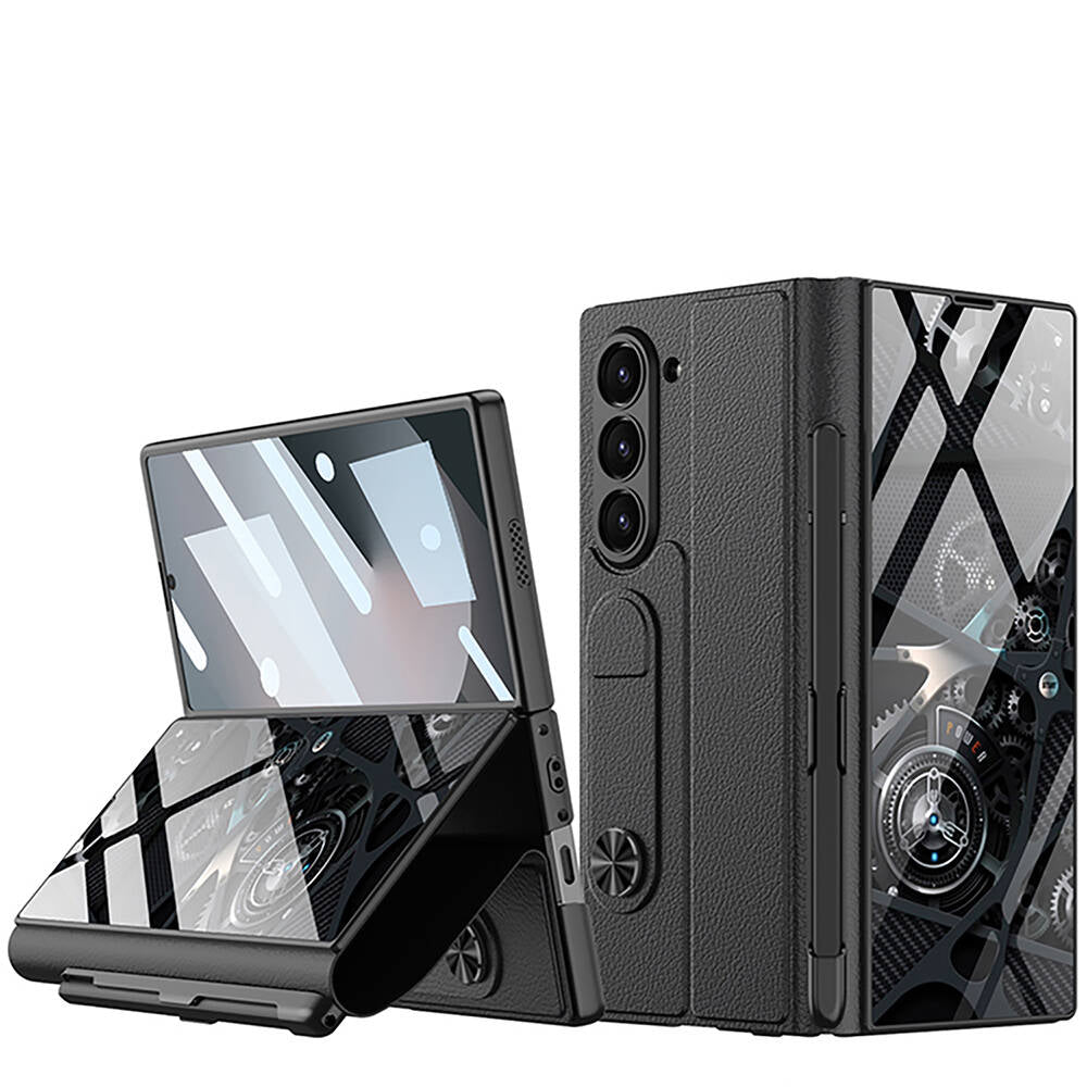 Galaxy Z Fold 6 Kılıf Kamera Korumalı Kartlıklı Kalem Bölmeli Zore Kıpta Marble Drago Kılıf Siyah
