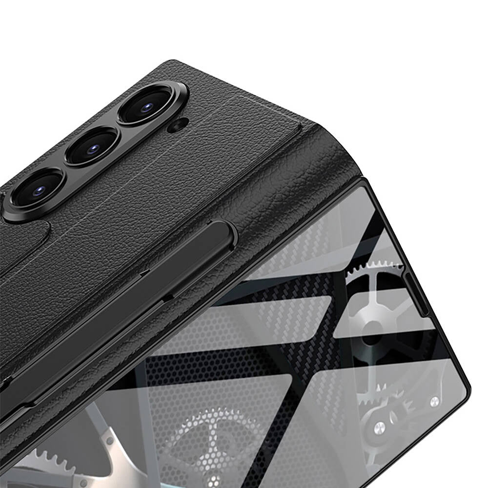 Galaxy Z Fold 6 Kılıf Kamera Korumalı Kartlıklı Kalem Bölmeli Zore Kıpta Marble Drago Kılıf Siyah