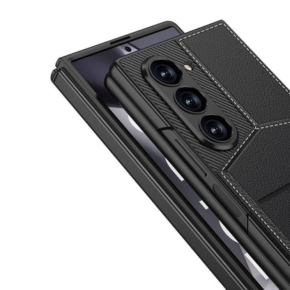 Galaxy Z Fold 6 Kılıf Karbon Fiber Deri Kartlıklı Zore Kıpta Dik Açılan Kartlıklı Kapak Siyah