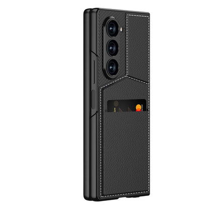 Galaxy Z Fold 6 Kılıf Karbon Fiber Deri Kartlıklı Zore Kıpta Dik Açılan Kartlıklı Kapak Siyah