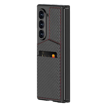 Galaxy Z Fold 6 Kılıf Karbon Fiber Kartlıklı Zore Kıpta Dik Açılan Kartlıklı Kapak Siyah