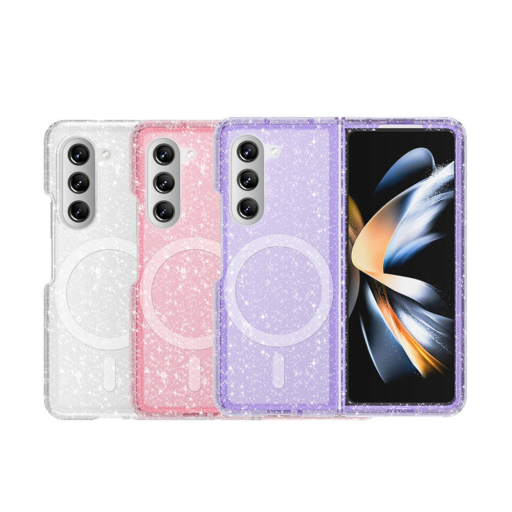 Galaxy Z Fold 6 Kılıf Magsafe Şarj Özellikli Parlayan Simli Saydam Renkli Zore Allstar Kapak Pembe