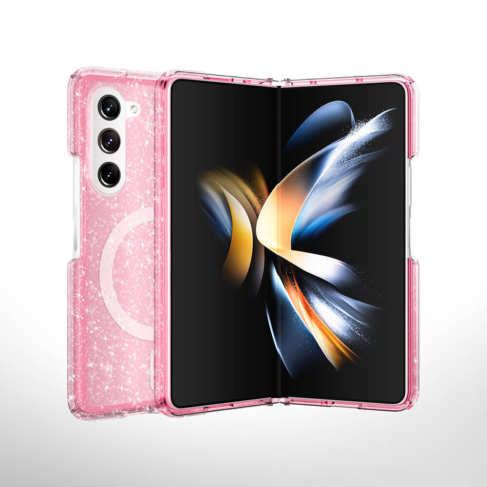 Galaxy Z Fold 6 Kılıf Magsafe Şarj Özellikli Parlayan Simli Saydam Renkli Zore Allstar Kapak Pembe