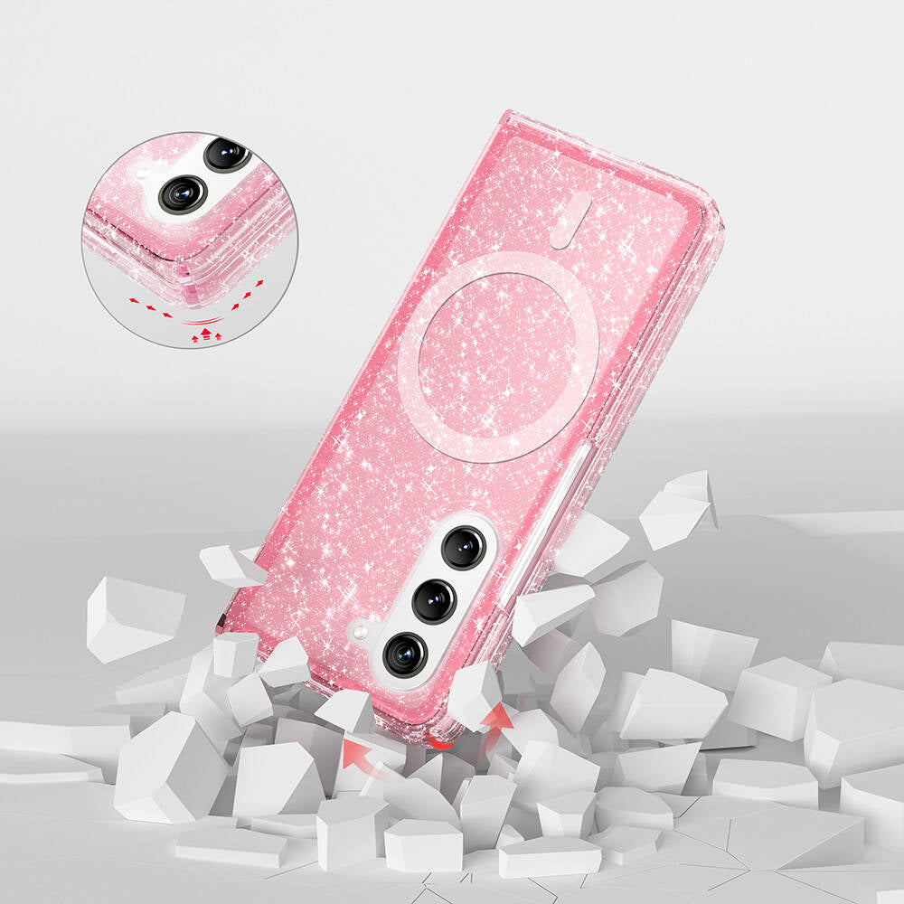 Galaxy Z Fold 6 Kılıf Magsafe Şarj Özellikli Parlayan Simli Saydam Renkli Zore Allstar Kapak Pembe