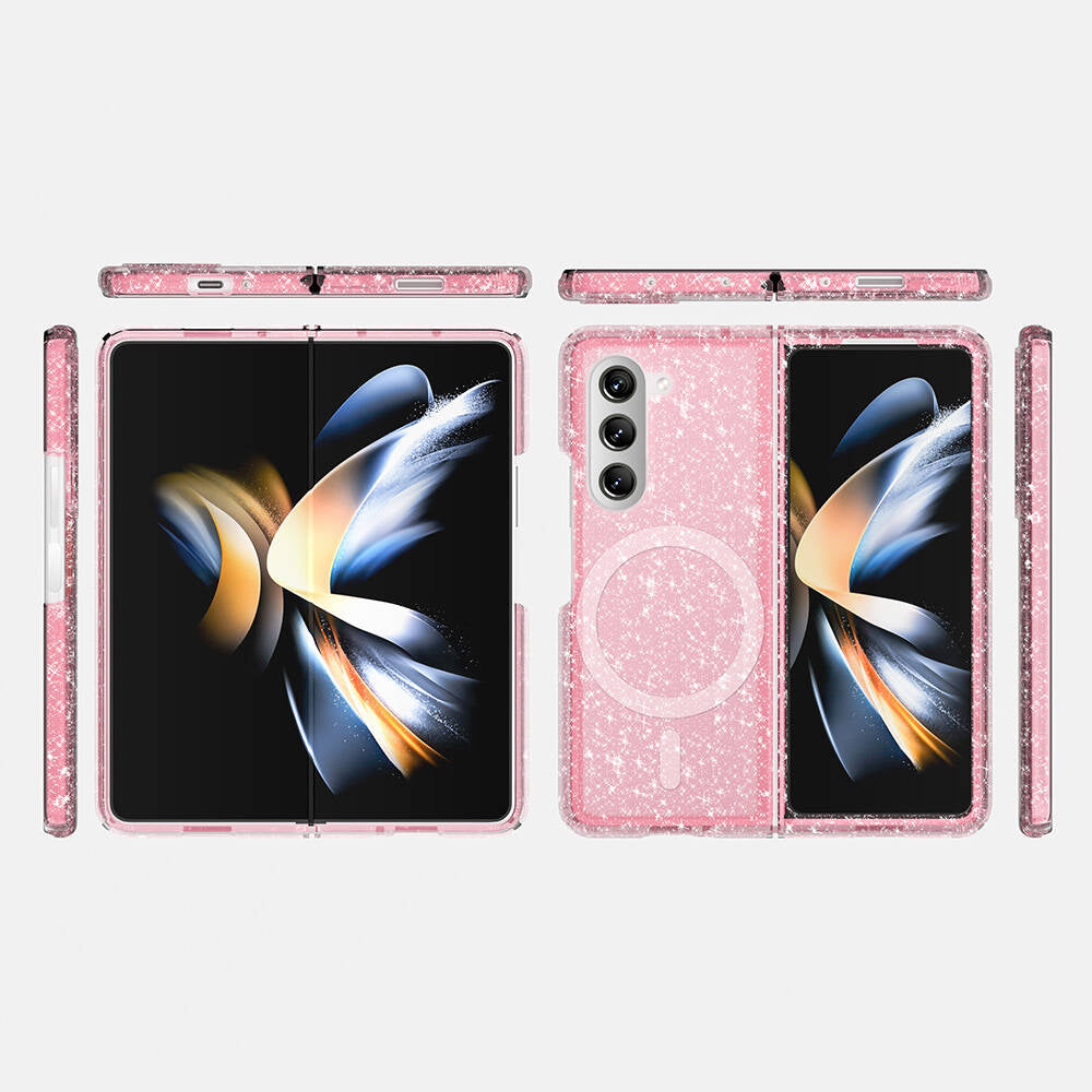 Galaxy Z Fold 6 Kılıf Magsafe Şarj Özellikli Parlayan Simli Saydam Renkli Zore Allstar Kapak Pembe