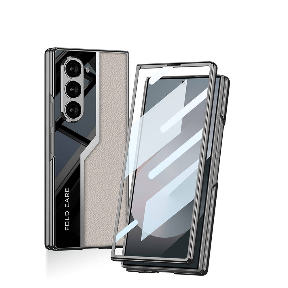 Galaxy Z Fold 6 Kılıf Ultra İnce Kamera Korumalı PC + Deri Arka Yüzey Zore Kıpta Poligan Kapak Titanyum-Gri