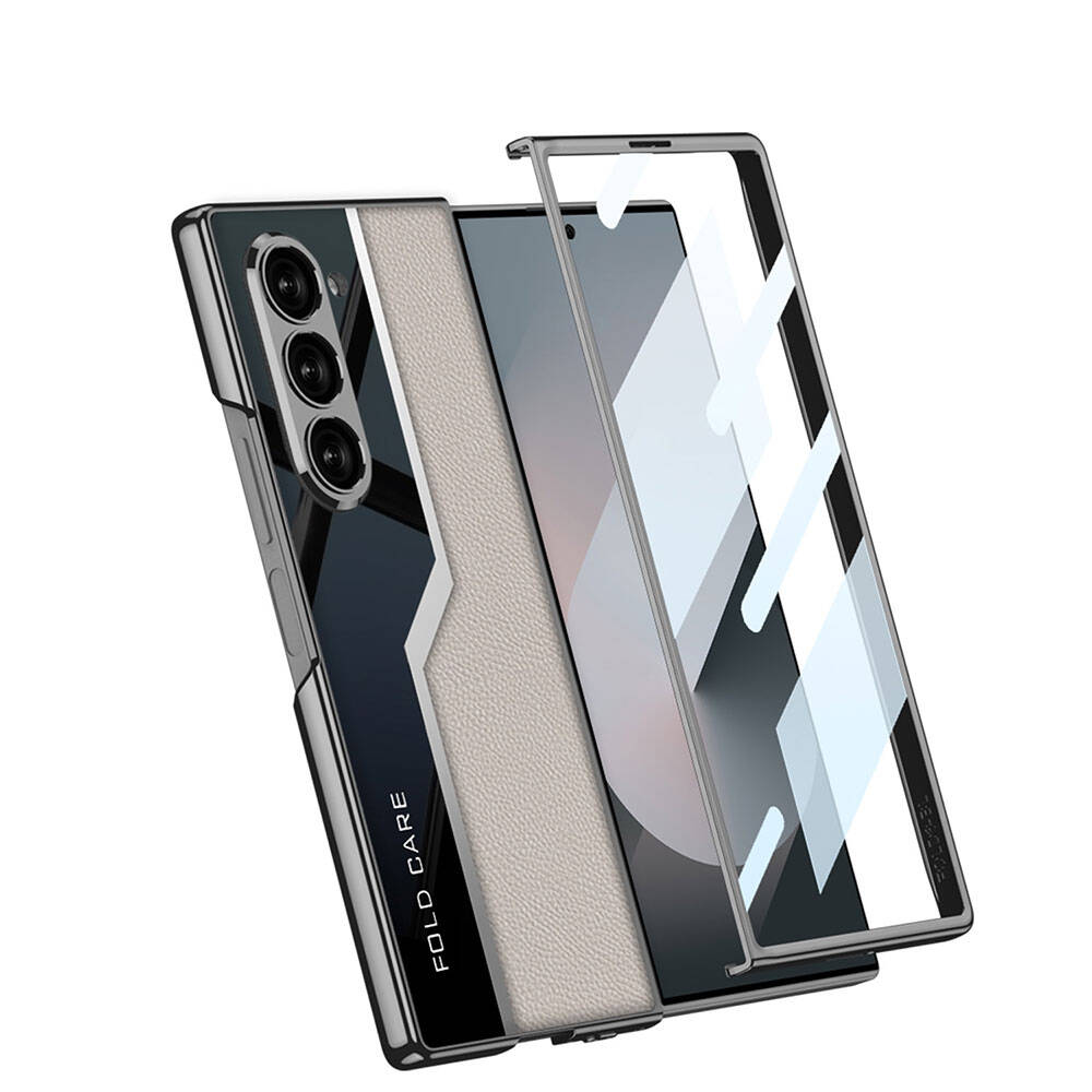 Galaxy Z Fold 6 Kılıf Ultra İnce Kamera Korumalı PC + Deri Arka Yüzey Zore Kıpta Poligan Kapak Gri