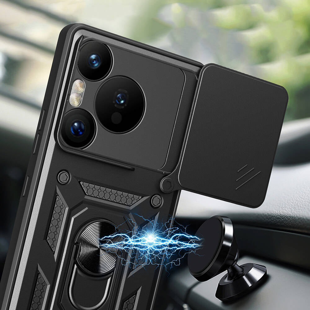 Huawei Pura 70 Pro 5G Kılıf Magnetik Standlı Kamera Korumalı Zore Sürgülü Vega Kapak Siyah