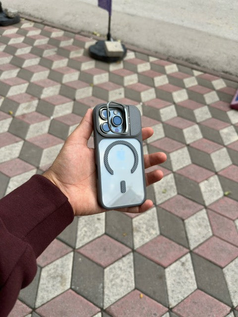 Mag Karbon Kamera Kısmı Standlı Apple İphone Uyumlu Kılıf (Gri)