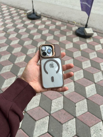 Mag Karbon Kamera Kısmı Standlı Apple İphone Uyumlu Kılıf (Çöl)