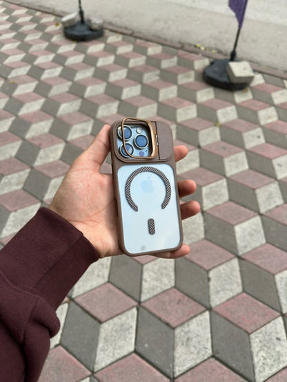 Mag Karbon Kamera Kısmı Standlı Apple İphone Uyumlu Kılıf (Çöl)