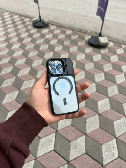 Mag Karbon Kamera Kısmı Standlı Apple İphone Uyumlu Kılıf (Siyah)