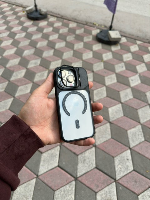 Mag Karbon Kamera Kısmı Standlı Apple İphone Uyumlu Kılıf (Siyah)