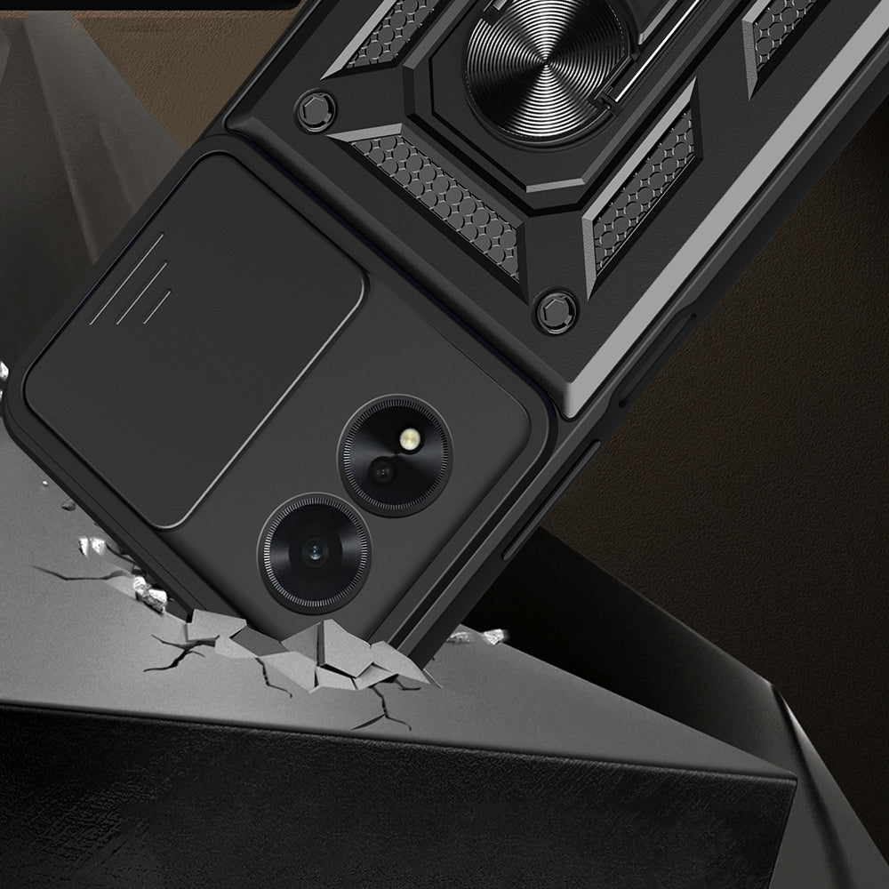 Oppo A38 Kılıf Magnetik Standlı Kamera Korumalı Zore Sürgülü Vega Kapak Siyah