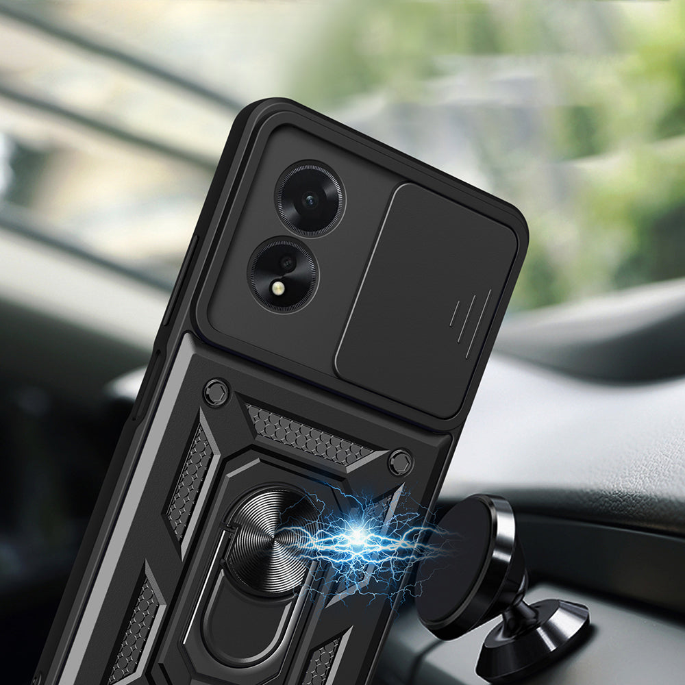 Oppo A38 Kılıf Magnetik Standlı Kamera Korumalı Zore Sürgülü Vega Kapak Siyah