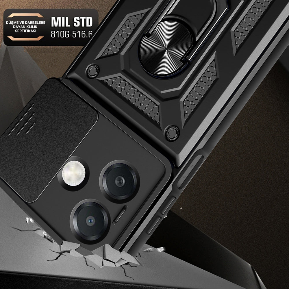 Oppo A3x Kılıf Magnetik Standlı Kamera Korumalı Zore Sürgülü Vega Kapak Mavi