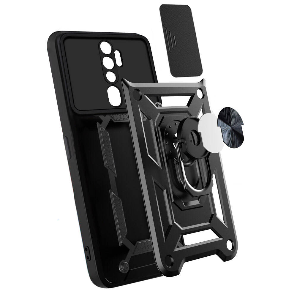 Oppo A9 2020 Kılıf Magnetik Standlı Kamera Korumalı Zore Sürgülü Vega Kapak Mavi