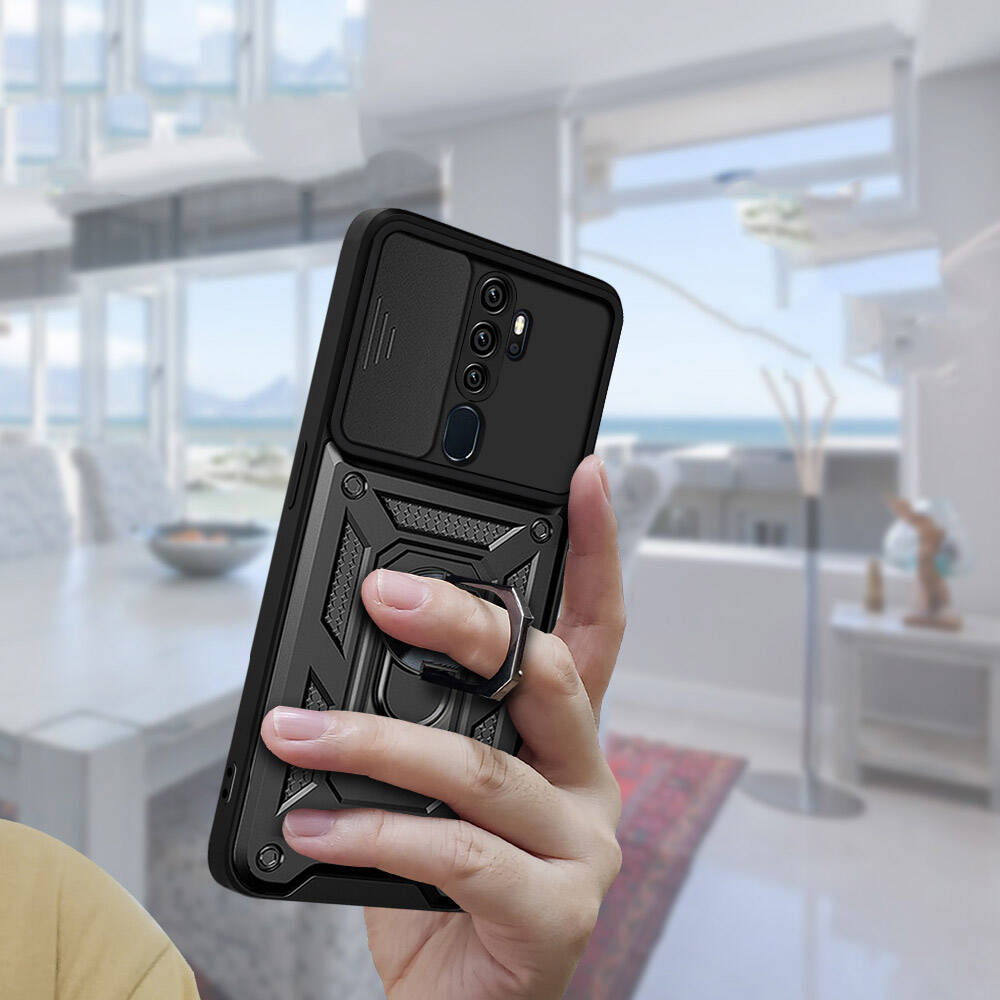 Oppo A9 2020 Kılıf Magnetik Standlı Kamera Korumalı Zore Sürgülü Vega Kapak Siyah