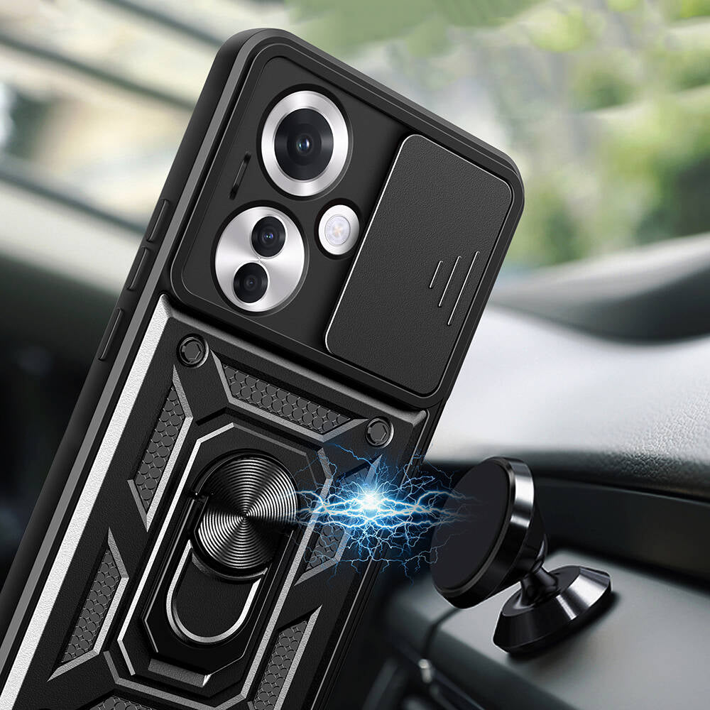 Oppo Reno 11F 5G Kılıf Magnetik Standlı Kamera Korumalı Zore Sürgülü Vega Kapak Siyah