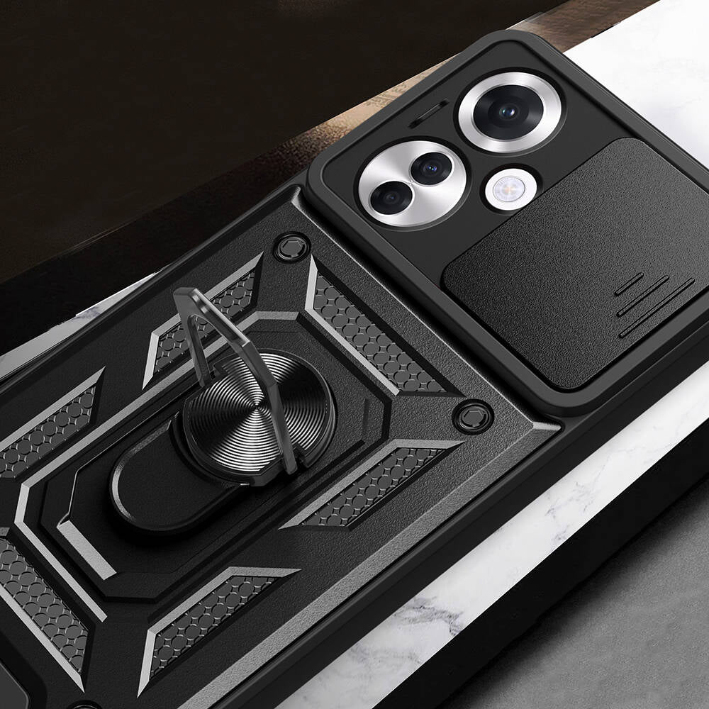 Oppo Reno 11F 5G Kılıf Magnetik Standlı Kamera Korumalı Zore Sürgülü Vega Kapak Siyah