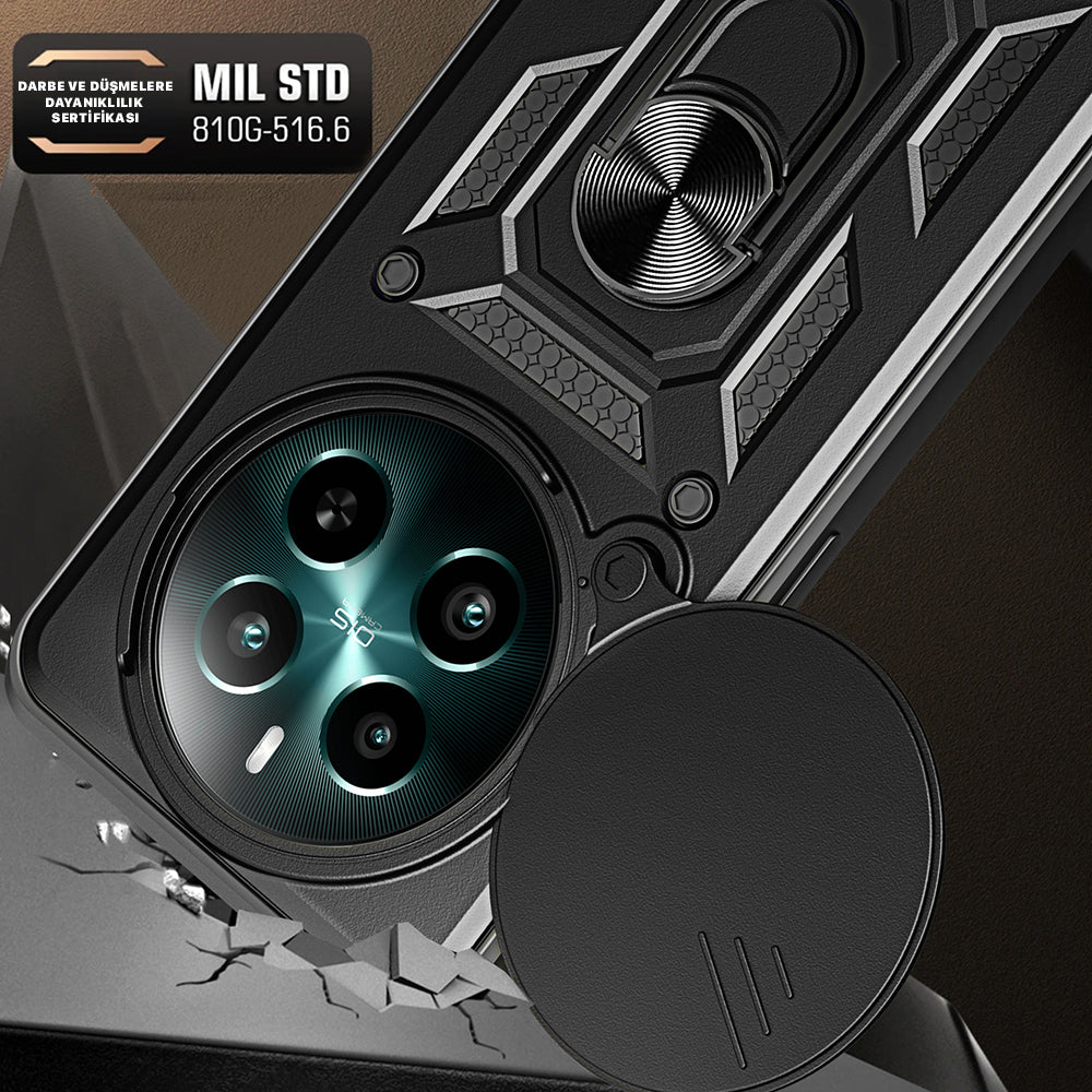 Realme 12 Plus Kılıf Magnetik Standlı Kamera Korumalı Zore Sürgülü Vega Kapak Siyah