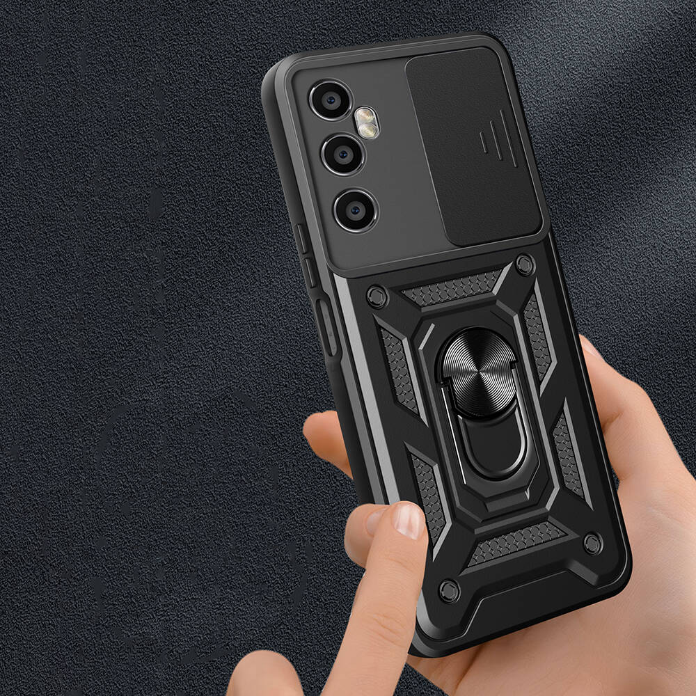 Realme C65 4G Kılıf Magnetik Standlı Kamera Korumalı Zore Sürgülü Vega Kapak Siyah