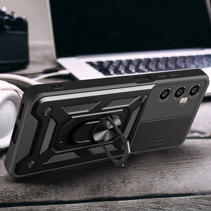 Realme C65 4G Kılıf Magnetik Standlı Kamera Korumalı Zore Sürgülü Vega Kapak Mavi