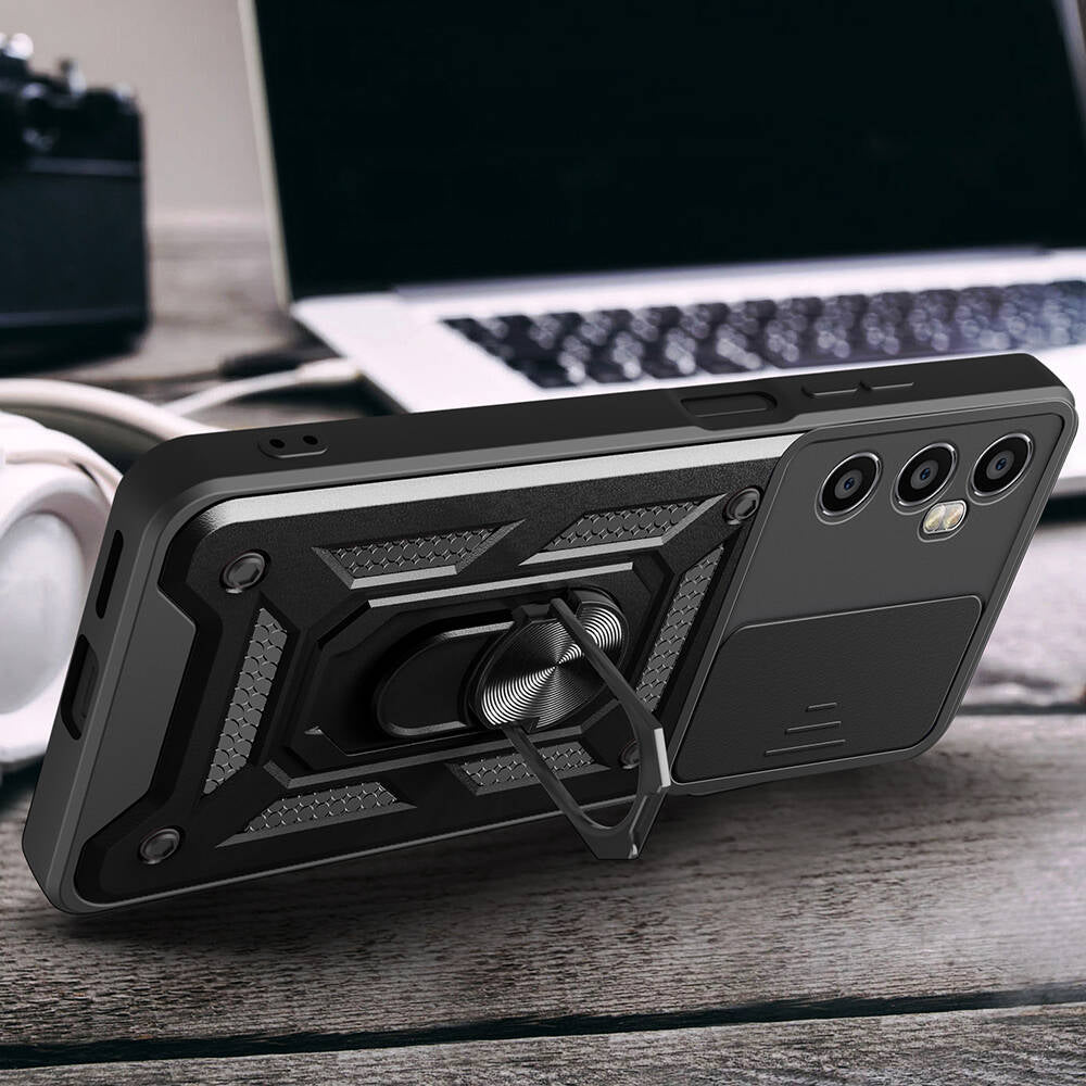 Realme C65 4G Kılıf Magnetik Standlı Kamera Korumalı Zore Sürgülü Vega Kapak Siyah