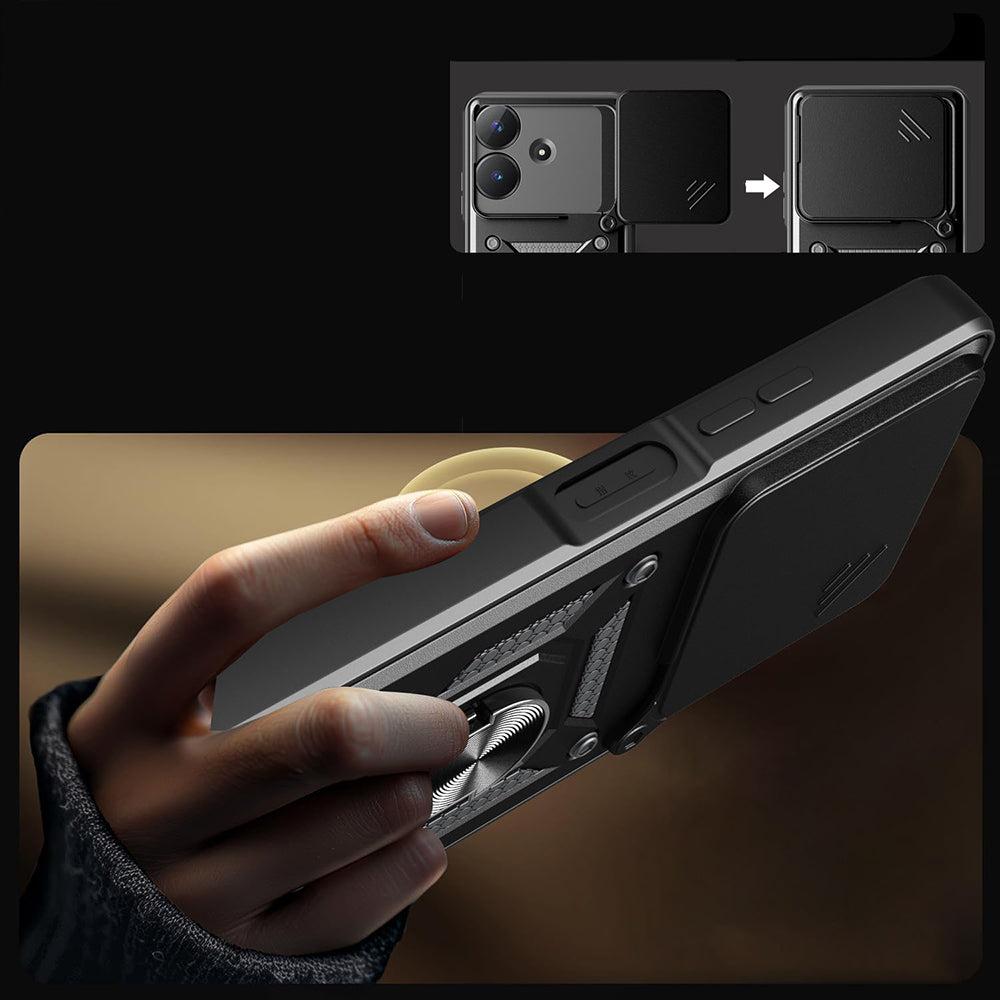 Realme Note 60 Kılıf Magnetik Standlı Kamera Korumalı Zore Sürgülü Vega Kapak Siyah