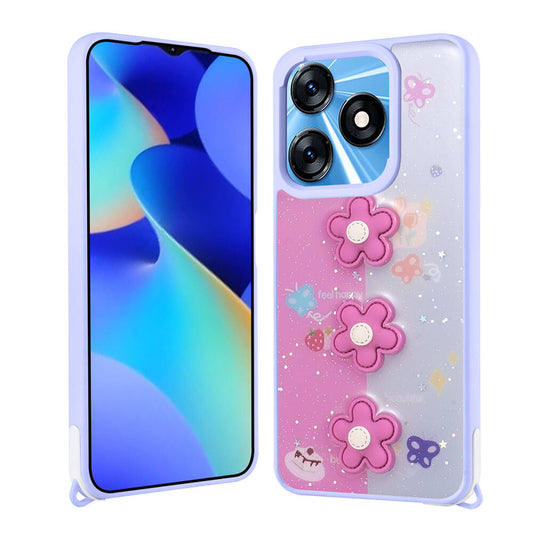 Tecno Spark 10 4G Kılıf Parlayan Simli Kabartma Figürlü Zore Cevze Kapak Mor Papatya
