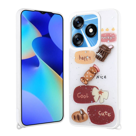 Tecno Spark 10 4G Kılıf Parlayan Simli Kabartma Figürlü Zore Cevze Kapak Beyaz