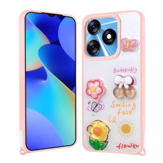 Tecno Spark 10 4G Kılıf Parlayan Simli Kabartma Figürlü Zore Cevze Kapak Pembe