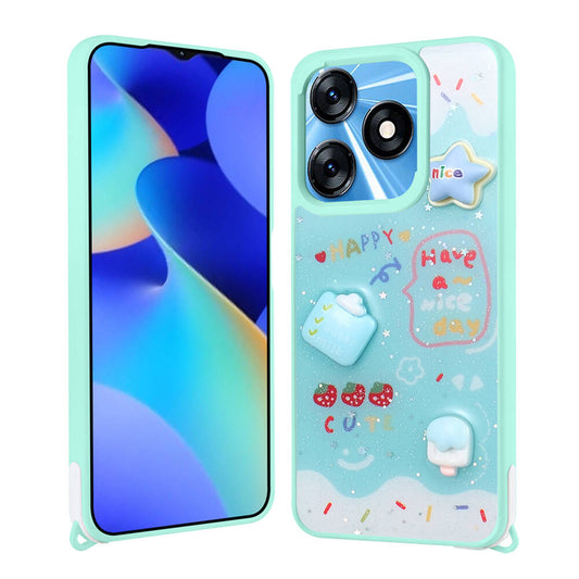 Tecno Spark 10 4G Kılıf Parlayan Simli Kabartma Figürlü Zore Cevze Kapak Yeşil