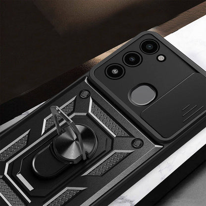Tecno Spark 8C Kılıf Magnetik Standlı Kamera Korumalı Zore Sürgülü Vega Kapak Siyah