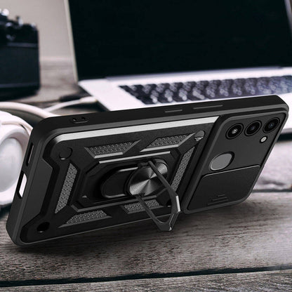 Tecno Spark 8C Kılıf Magnetik Standlı Kamera Korumalı Zore Sürgülü Vega Kapak Mavi