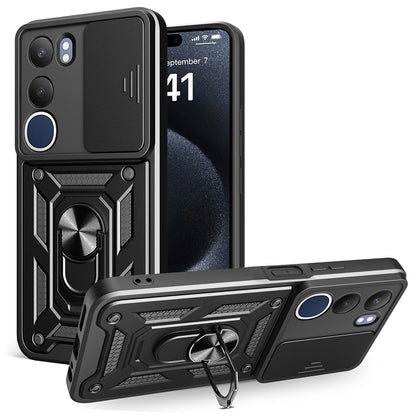 Vivo Y19S Kılıf Magnetik Standlı Kamera Korumalı Zore Sürgülü Vega Kapak Siyah