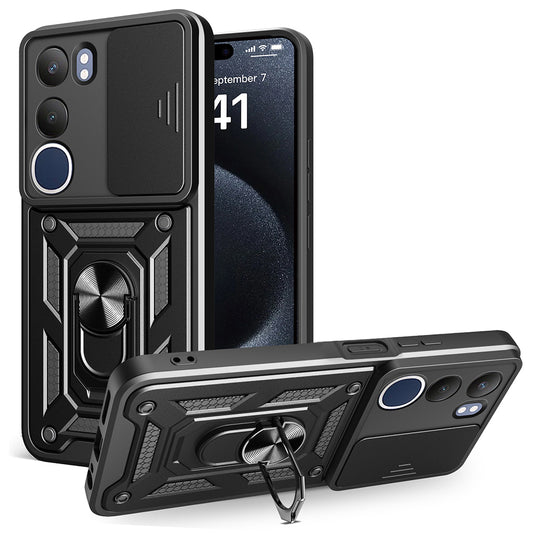 Vivo Y19S Kılıf Magnetik Standlı Kamera Korumalı Zore Sürgülü Vega Kapak Siyah