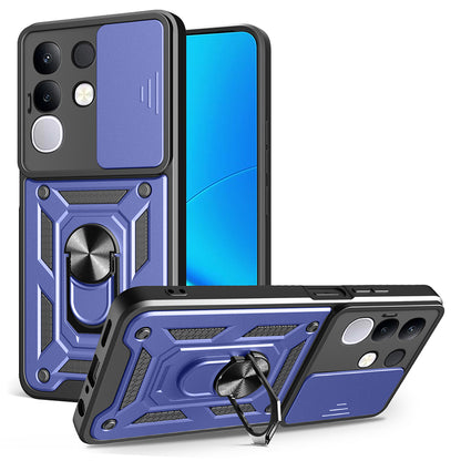 Vivo Y29 4G Kılıf Magnetik Standlı Kamera Korumalı Zore Sürgülü Vega Kapak Mavi