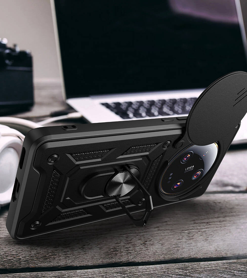 Xiaomi Mi 13 Ultra Kılıf Magnetik Standlı Kamera Korumalı Zore Sürgülü Vega Kapak Mavi