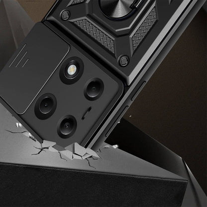 Xiaomi Poco M6 Pro 4G Kılıf Magnetik Standlı Kamera Korumalı Zore Sürgülü Vega Kapak Siyah
